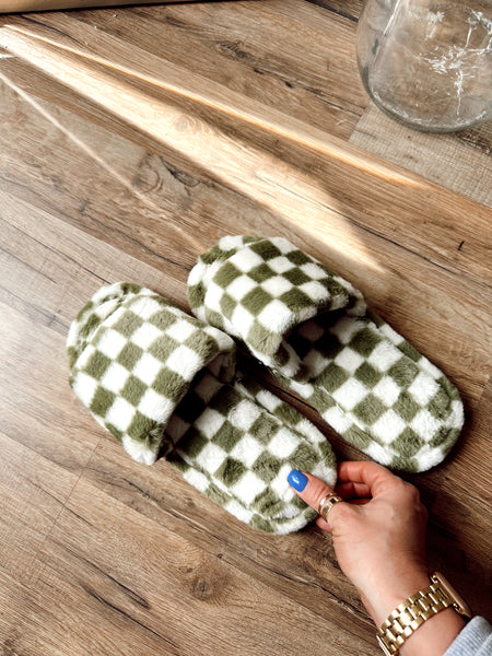Olive Checkered Slippers