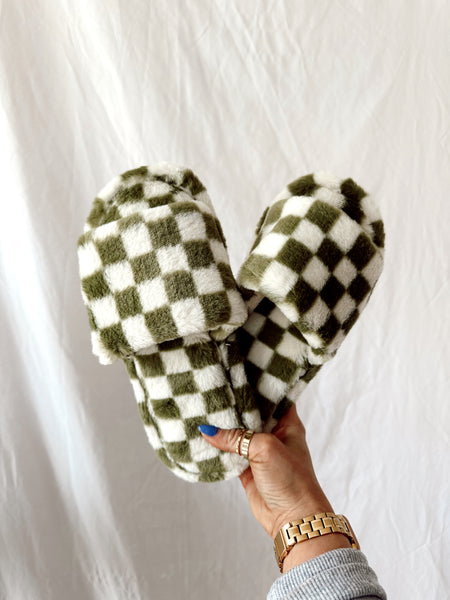Olive Checkered Slippers