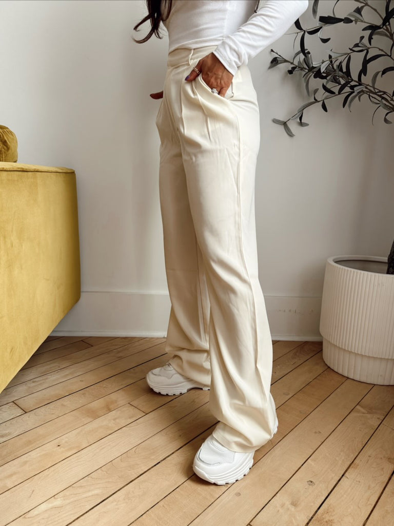 High Waist Wide-Leg Trousers - Cream - Pomelo Fashion