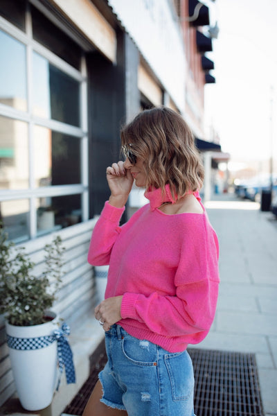 Pretty In Pink Cut Out Turtleneck Sweater